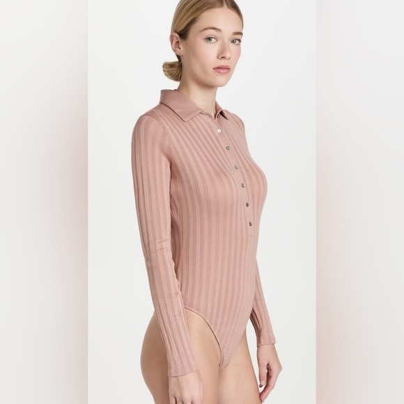 Vince Polo Ribbed Button Up Thong Bodysuit Blush NWT - Picture 3 of 8
